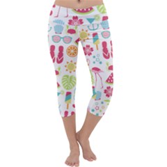 Flamingo Bird Nature Illustration Summer Beach Capri Yoga Leggings