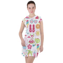 Flamingo Bird Nature Illustration Summer Beach Drawstring Hooded Dress