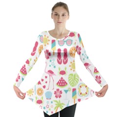 Flamingo Bird Nature Illustration Summer Beach Long Sleeve Tunic 