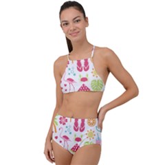 Flamingo Bird Nature Illustration Summer Beach High Waist Tankini Set by Jancukart