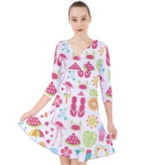 Flamingo Bird Nature Illustration Summer Beach Quarter Sleeve Front Wrap Dress