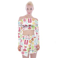 Flamingo Bird Nature Illustration Summer Beach Off Shoulder Top With Mini Skirt Set