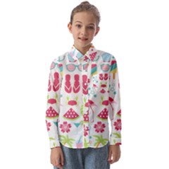 Flamingo Bird Nature Illustration Summer Beach Kids  Long Sleeve Shirt by Jancukart