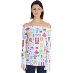 Flamingo Bird Nature Illustration Summer Beach Off Shoulder Long Sleeve Top