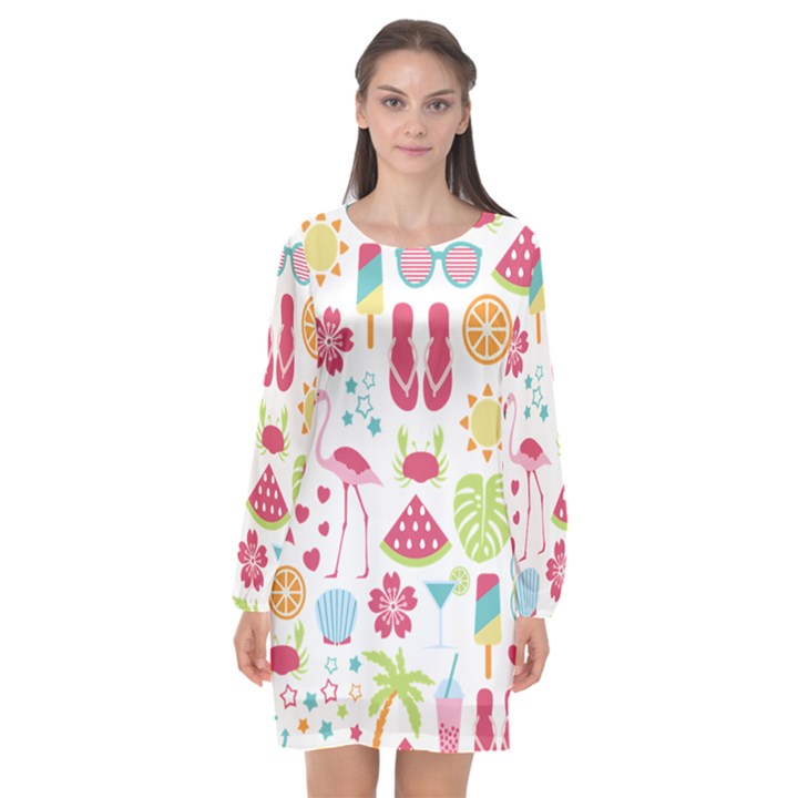 Flamingo Bird Nature Illustration Summer Beach Long Sleeve Chiffon Shift Dress 