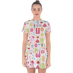 Flamingo Bird Nature Illustration Summer Beach Drop Hem Mini Chiffon Dress