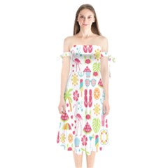 Flamingo Bird Nature Illustration Summer Beach Shoulder Tie Bardot Midi Dress