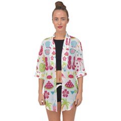 Flamingo Bird Nature Illustration Summer Beach Open Front Chiffon Kimono by Jancukart