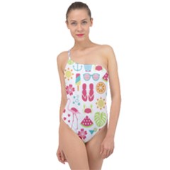 Flamingo Bird Nature Illustration Summer Beach Classic One Shoulder Swimsuit