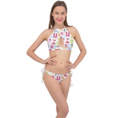 Flamingo Bird Nature Illustration Summer Beach Cross Front Halter Bikini Set