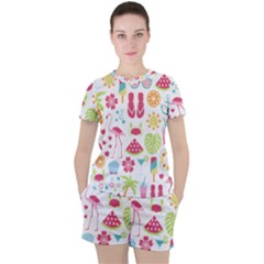 Flamingo Bird Nature Illustration Summer Beach Women s Tee And Shorts Set