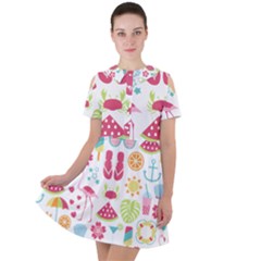 Flamingo Bird Nature Illustration Summer Beach Short Sleeve Shoulder Cut Out Dress 