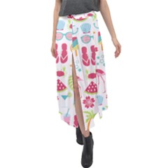 Flamingo Bird Nature Illustration Summer Beach Velour Split Maxi Skirt