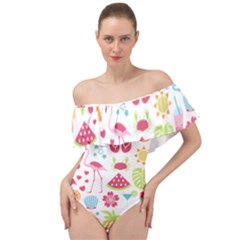 Flamingo Bird Nature Illustration Summer Beach Off Shoulder Velour Bodysuit 