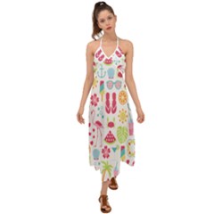 Flamingo Bird Nature Illustration Summer Beach Halter Tie Back Dress 