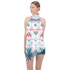 Aztec Ethnic Seamless Pattern Halter Asymmetric Satin Top