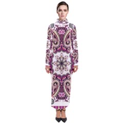 Multicolored Pattern Illustration Purple Peacock Turtleneck Maxi Dress