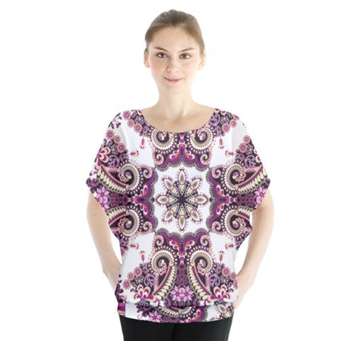 Multicolored Pattern Illustration Purple Peacock Batwing Chiffon Blouse by Jancukart