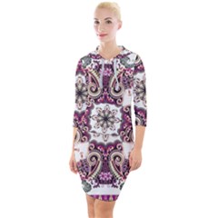 Multicolored Pattern Illustration Purple Peacock Quarter Sleeve Hood Bodycon Dress by Jancukart