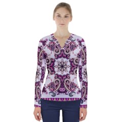 Multicolored Pattern Illustration Purple Peacock V-neck Long Sleeve Top by Jancukart