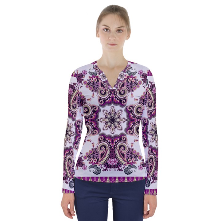 Multicolored Pattern Illustration Purple Peacock V-Neck Long Sleeve Top