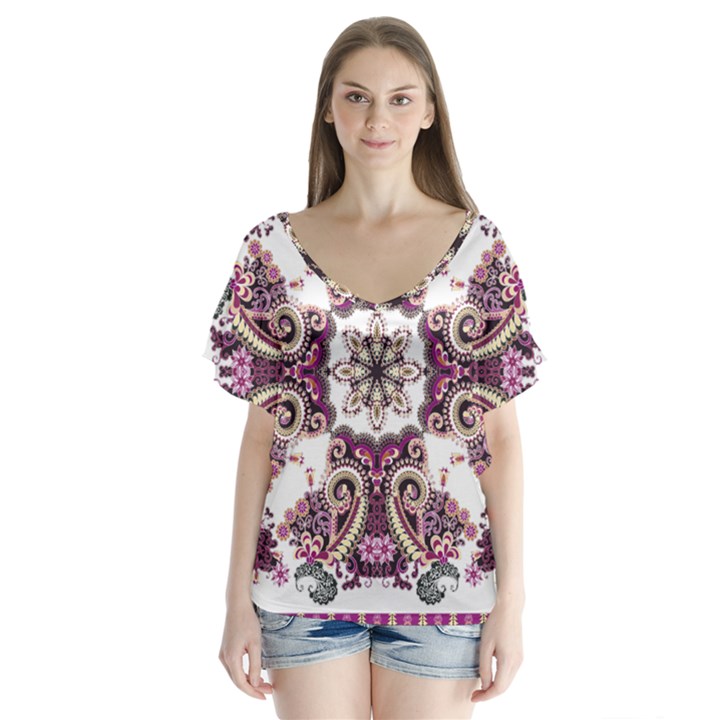 Multicolored Pattern Illustration Purple Peacock V-Neck Flutter Sleeve Top