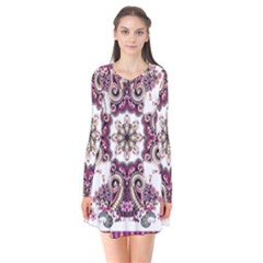 Multicolored Pattern Illustration Purple Peacock Long Sleeve V-neck Flare Dress by Jancukart