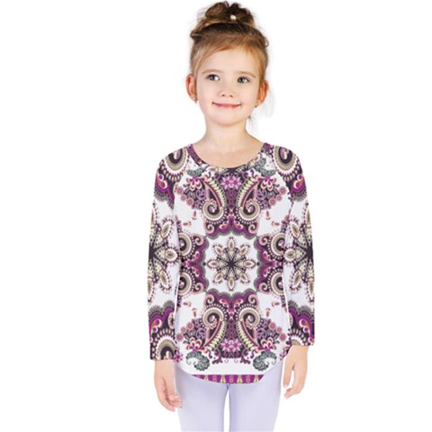 Multicolored Pattern Illustration Purple Peacock Kids  Long Sleeve Tee by Jancukart