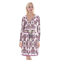 Multicolored Pattern Illustration Purple Peacock Long Sleeve Velvet Front Wrap Dress