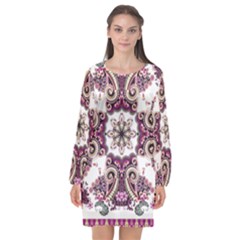 Multicolored Pattern Illustration Purple Peacock Long Sleeve Chiffon Shift Dress 