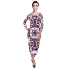 Multicolored Pattern Illustration Purple Peacock Quarter Sleeve Midi Velour Bodycon Dress