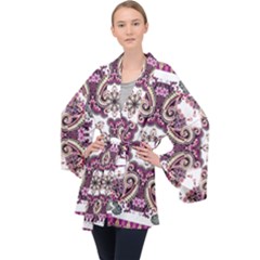 Multicolored Pattern Illustration Purple Peacock Long Sleeve Velvet Kimono  by Jancukart