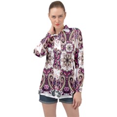 Multicolored Pattern Illustration Purple Peacock Long Sleeve Satin Shirt