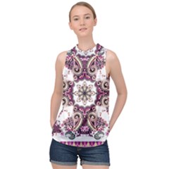 Multicolored Pattern Illustration Purple Peacock High Neck Satin Top