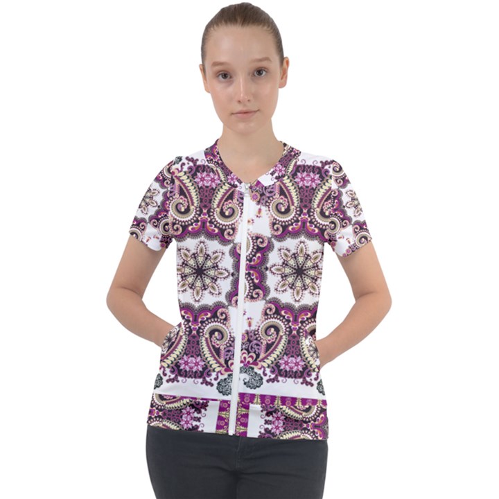 Multicolored Pattern Illustration Purple Peacock Short Sleeve Zip Up Jacket