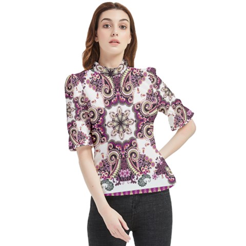 Multicolored Pattern Illustration Purple Peacock Frill Neck Blouse by Jancukart