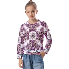 Multicolored Pattern Illustration Purple Peacock Kids  Long Sleeve Tee With Frill 