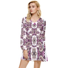 Multicolored Pattern Illustration Purple Peacock Tiered Long Sleeve Mini Dress by Jancukart