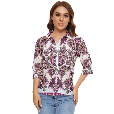 Multicolored Pattern Illustration Purple Peacock Women s Quarter Sleeve Pocket Shirt by Jancukart