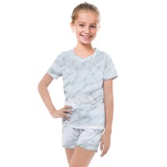 White Marble Texture Pattern Kids  Mesh Tee And Shorts Set