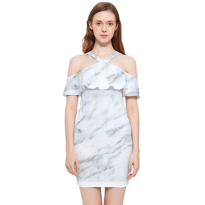 White Marble Texture Pattern Shoulder Frill Bodycon Summer Dress