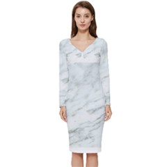 White Marble Texture Pattern Long Sleeve V-neck Bodycon Dress  by Jancukart