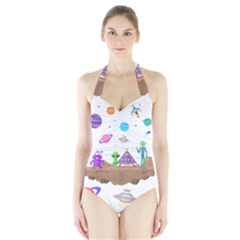 Alien Ufo Star Universe Star Vector Image Halter Swimsuit