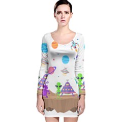 Alien Ufo Star Universe Star Vector Image Long Sleeve Velvet Bodycon Dress