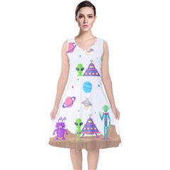 Alien Ufo Star Universe Star Vector Image V-neck Midi Sleeveless Dress 