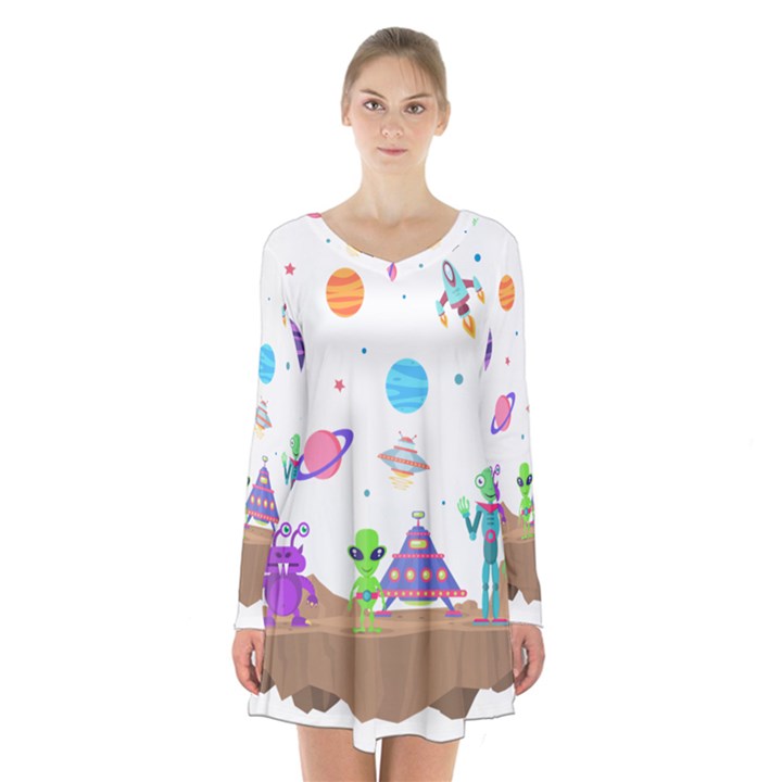 Alien Ufo Star Universe Star Vector Image Long Sleeve Velvet V-neck Dress