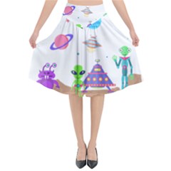 Alien Ufo Star Universe Star Vector Image Flared Midi Skirt