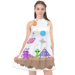 Alien Ufo Star Universe Star Vector Image Halter Neckline Chiffon Dress 