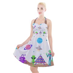 Alien Ufo Star Universe Star Vector Image Halter Party Swing Dress 