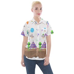 Alien Ufo Star Universe Star Vector Image Women s Short Sleeve Pocket Shirt